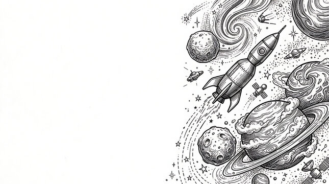 Vintage space exploration sketch with rocket and planets