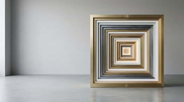 Minimalist nested metallic square frames in a modern grey room
