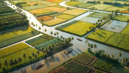Fototapeta premium A painterly delta farming landscape as the main subject, rice paddies and vegetable plots arranged between branching canals, narrow levees, small boats, and palm-lined waterways, glowing late-day ligh