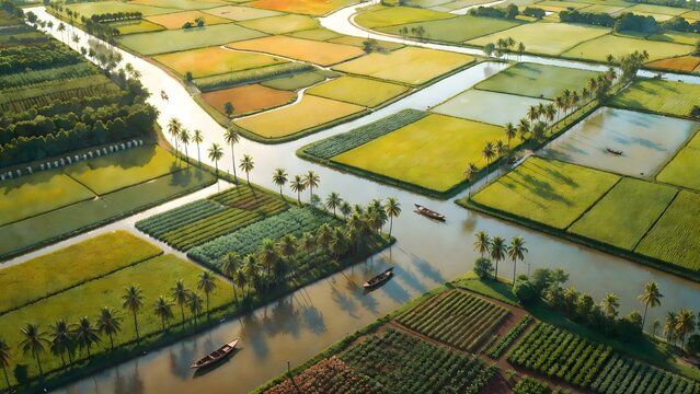 A painterly delta farming landscape as the main subject, rice paddies and vegetable plots arranged between branching canals, narrow levees, small boats, and palm-lined waterways, glowing late-day ligh