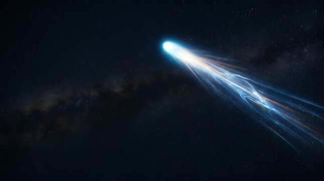 Bright blue comet streaking through deep space with a long tail