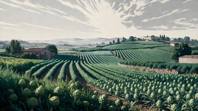 A painterly agriculture scene as the main subject, broad artichoke fields arranged in sculptural rows beside stone farm walls, herb borders, distant villas, and rolling pale hills, soft noon light dif