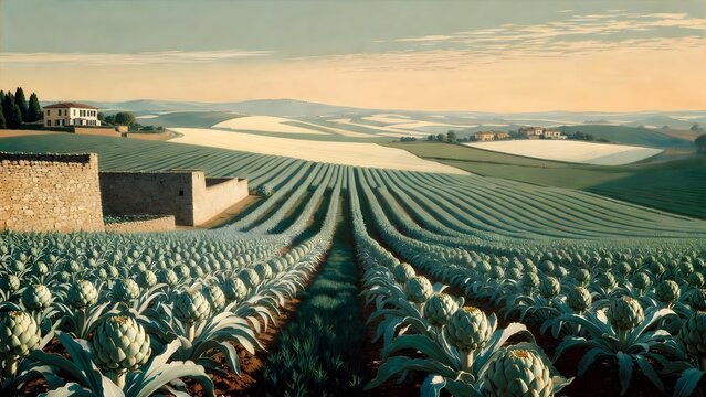 A painterly agriculture scene as the main subject, broad artichoke fields arranged in sculptural rows beside stone farm walls, herb borders, distant villas, and rolling pale hills, soft noon light dif