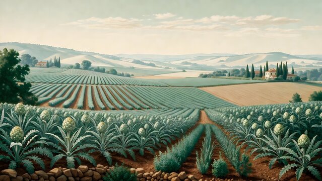 A painterly agriculture scene as the main subject, broad artichoke fields arranged in sculptural rows beside stone farm walls, herb borders, distant villas, and rolling pale hills, soft noon light dif