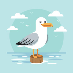 A cute cartoon seagull stands on a wooden post at sea © Odette
