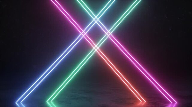 Glowing neon light beams forming an x shape in this dark digital motion graphic video clip