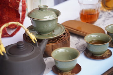 Fototapeta premium Tea ceremony in traditional Chinese style. An open exhibition.