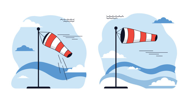 Two windsocks displaying different wind speeds and directions against a blue sky with clouds to represent weather forecasting.