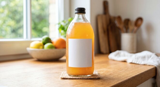 Blank white label mockup on a glass juice bottle in kitchen
