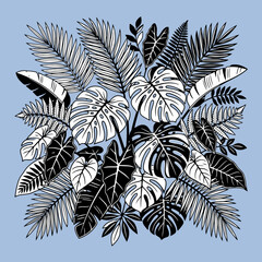 A collection of various tropical leaves on a light blue background © Oka