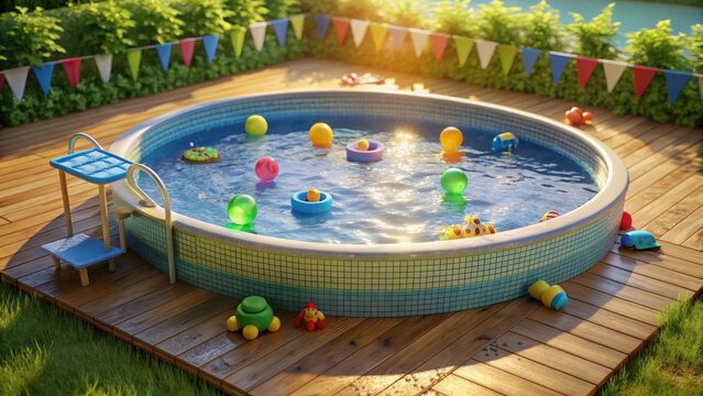New plastic swimming pool with a set of toys