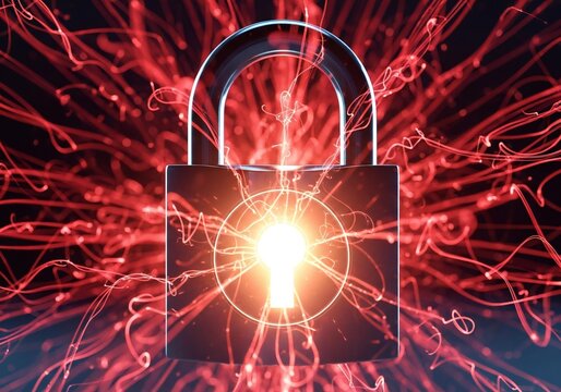 Open padlock with bright electric spark explosion against dark background