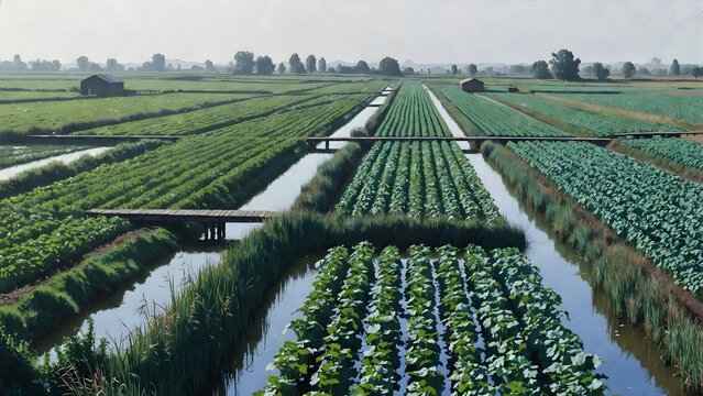 A painterly agricultural landscape as the main subject, celery fields growing across a cool marshland farm with straight water ditches, wooden footbridges, reed borders, and distant low barns, soft di