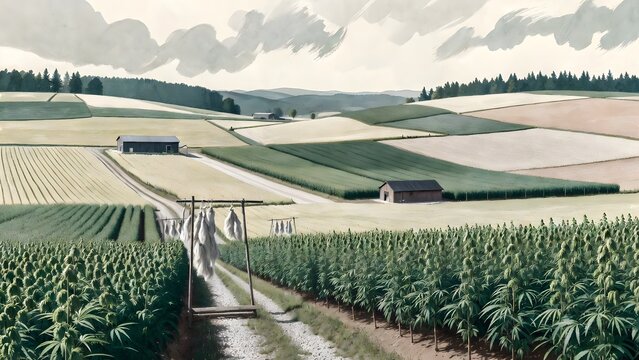 A painterly agricultural landscape as the main subject, hemp fields arranged across a cool countryside with fiber drying racks, low barns, gravel paths, and distant pine ridges, soft overcast daylight