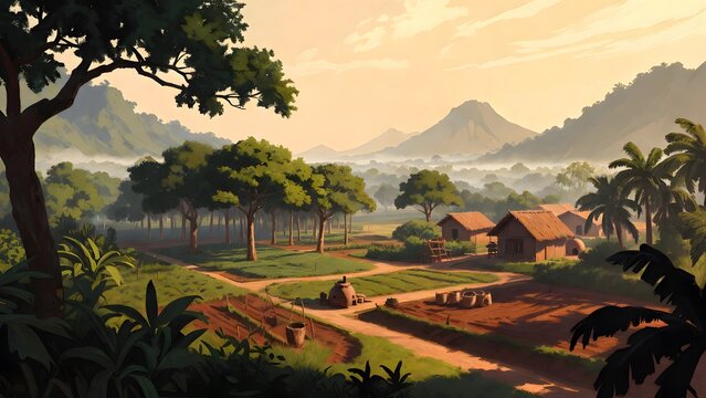 A painterly agricultural landscape as the main subject, breadfruit trees planted around a tropical village grove with shaded paths, woven baskets, communal ovens, and distant volcanic slopes, warm mor