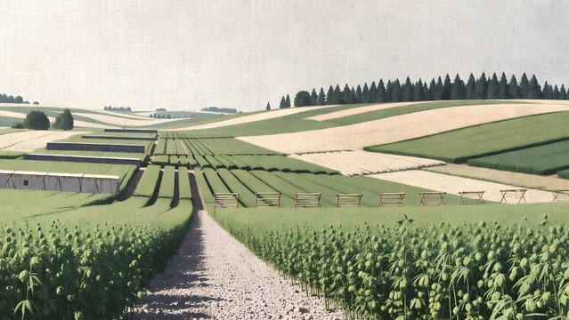 A painterly agricultural landscape as the main subject, hemp fields arranged across a cool countryside with fiber drying racks, low barns, gravel paths, and distant pine ridges, soft overcast daylight