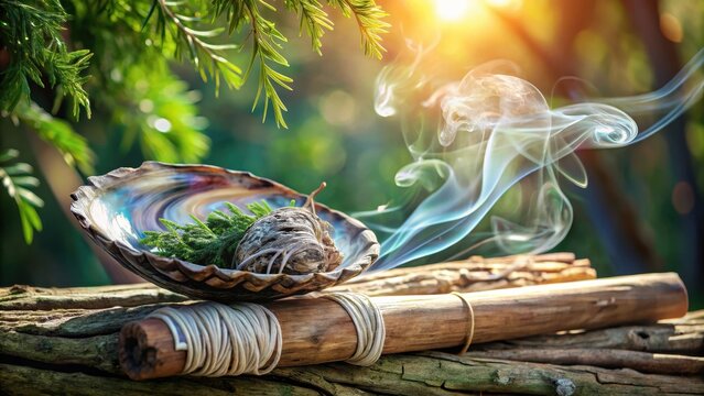 A close up image of a burning white sage smudge stick and abalone shell resting on a tree branch