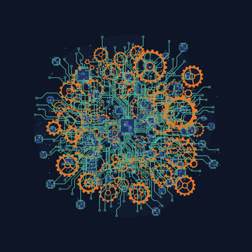 Vibrant orange and blue gear mechanism illustration on dark background