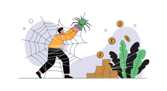 Man caught and tangled in a sticky spider web while desperately reaching for a green money bill to illustrate financial traps.