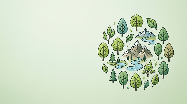 Circular nature icons and mountains with copy space on green backdrop