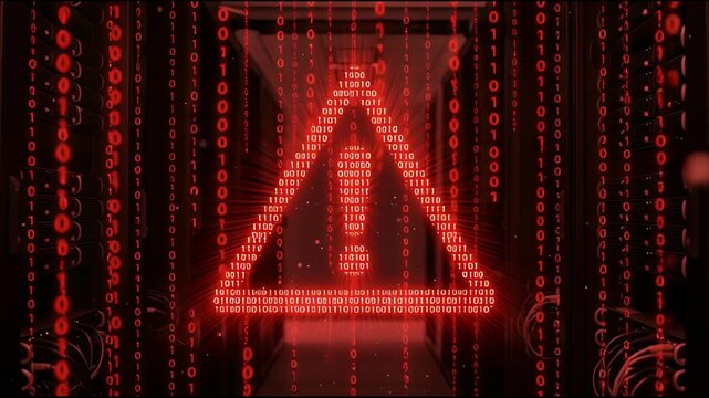 Digital Warning Sign with Falling Binary Code and Red Exclamation Mark.