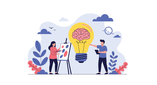 Creative team working on a new project in front of a giant lightbulb containing a brain to symbolize innovation.