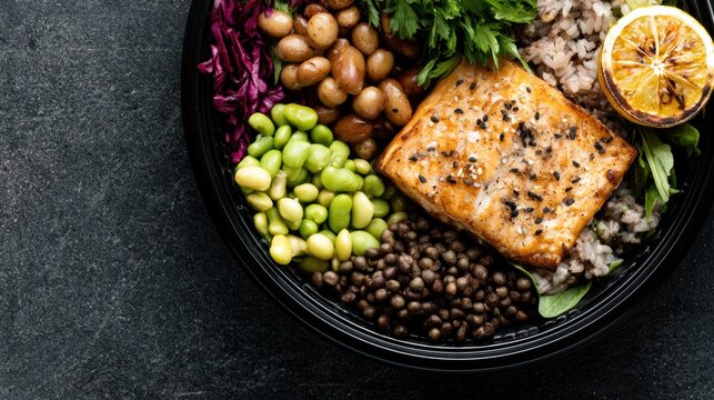A balanced high-protein meal features salmon, grains, and vegetables displayed in a modern setting with natural light