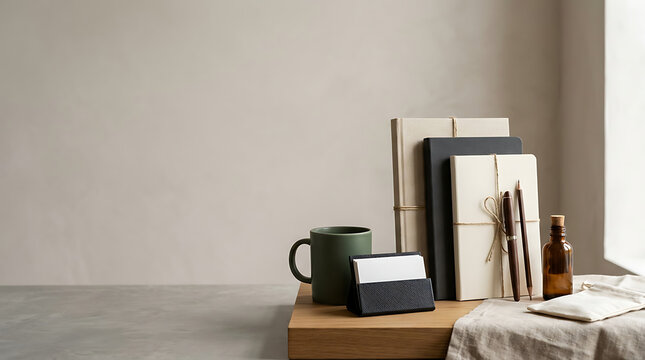 Minimalist workspace setup with notebooks and coffee mug on desk