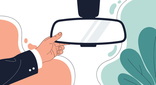 Driver adjusts the rear view mirror inside a vehicle to ensure clear visibility and safety while driving on the road.