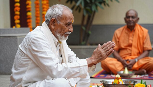 Indian priests participate in a traditional hindu ritual ceremony with offerings