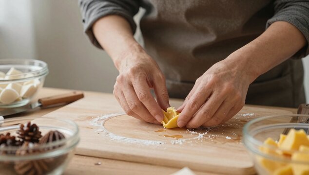 Hands carefully shaping a cappelletti pasta on a wooden board at a bright cooking station