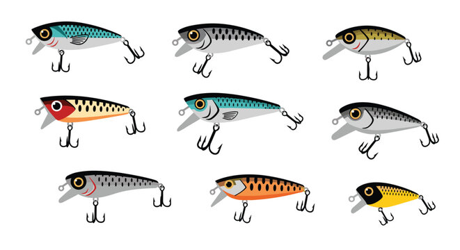 Assortment of colorful fishing lures and wobblers with sharp hooks are displayed for anglers and outdoor sports enthusiasts.