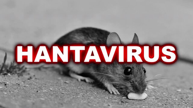 Small Wild Mouse Foraging For Food With Viral Hantavirus Warning Text Overlay In Black And White