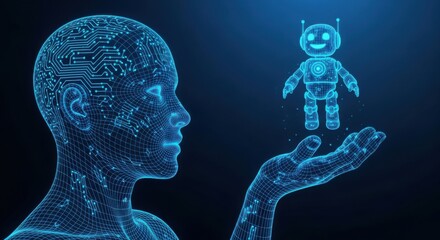 Obraz premium Digital human head wireframe holding a small robot in hand