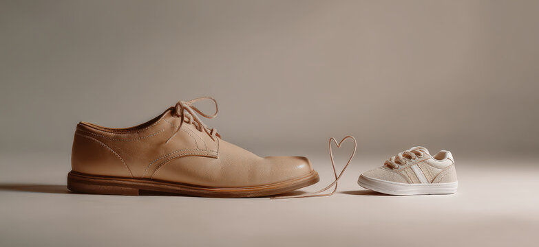 A leather men's dress shoe and a small child's sneaker are placed side-by-side, connected by a heart-shaped lace, symbolizing love and family connection.