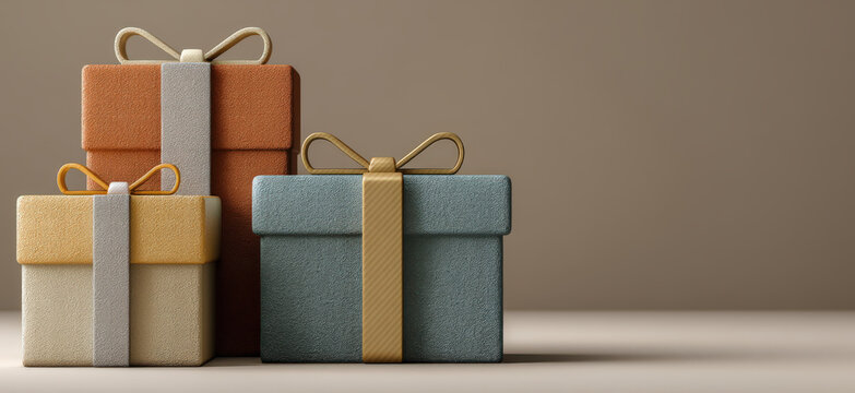 Three elegantly wrapped gift boxes in muted tones, adorned with ribbon and bows, are artfully arranged on a neutral surface, evoking a sense of anticipation and celebration.