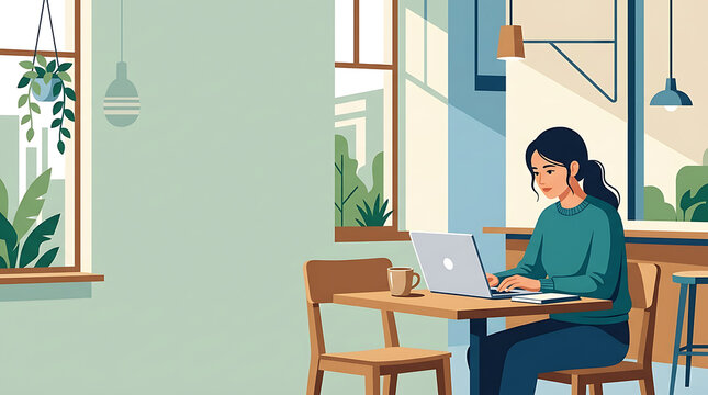 Young woman working on laptop in a sunlit modern cafe