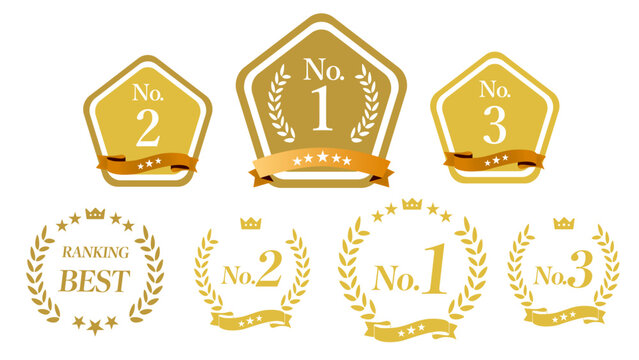 ランキングNo.1・No.2・No.3受賞バッジと月桂樹エンブレムセット｜表彰,ゴールド,王冠,リボン,高級感,販促素材：メダルセット_123位_ランキング03