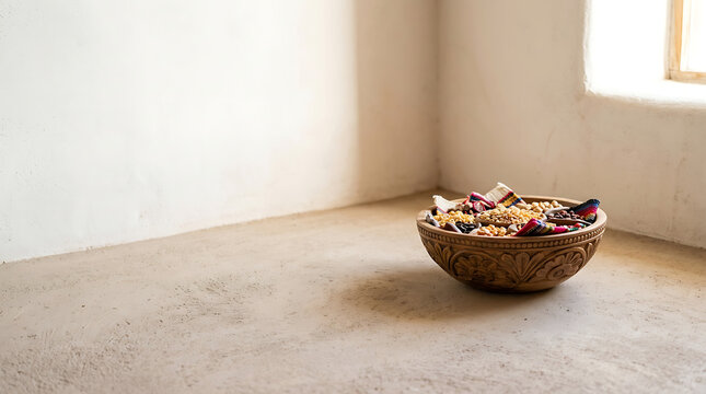Wooden bowl filled with assorted grains on a rustic stone floor