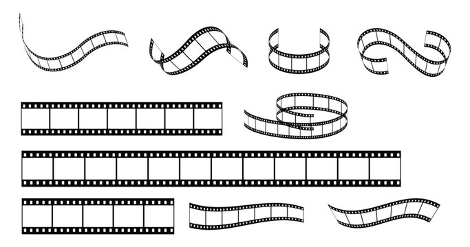 Film strip, retro cinema tape, movie reel borders with distressed textures.