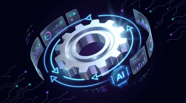 A futuristic gear with AI surrounded by icons represents technology advancements in a digital environment.