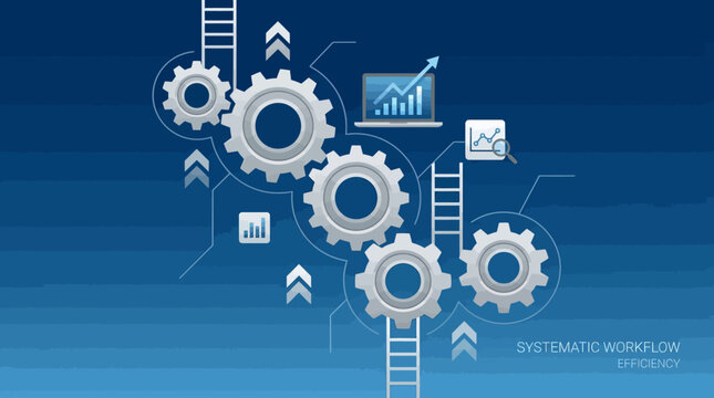 Gears and cogs illustrate systematic workflow efficiency in an industrial setting with technology.