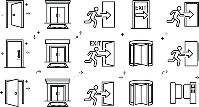 Emergency exit door line icon set with entrance revolving doors running man escape way safety vector illustration design.