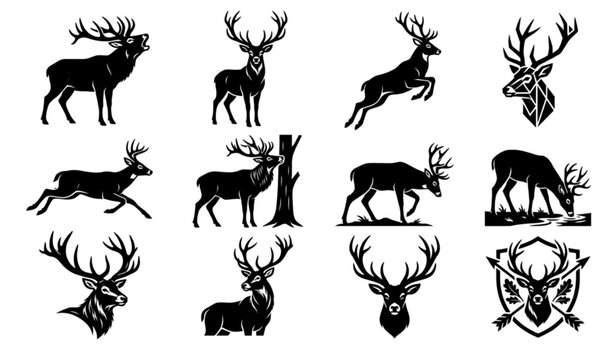 Rustic deer silhouette vector set for hunting outdoor badges and apparel design
