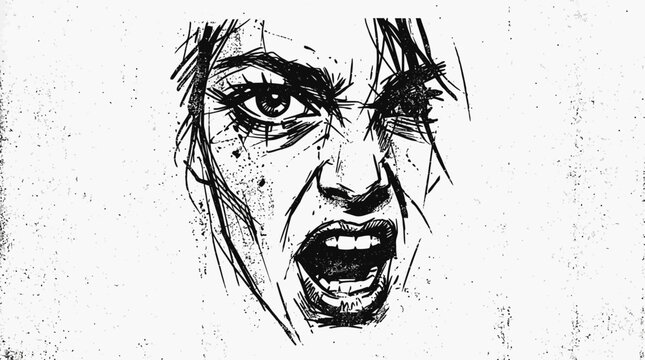 Angry woman face with open mouth.