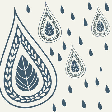 Blue stylized raindrops and ornate teardrop shapes on cream background