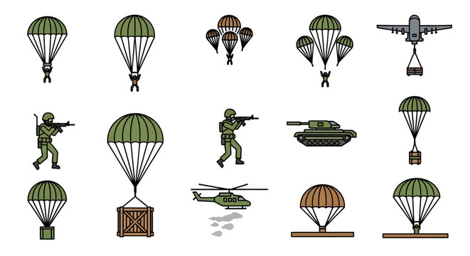 Military vector set parachutes soldiers aircraft and equipment icons