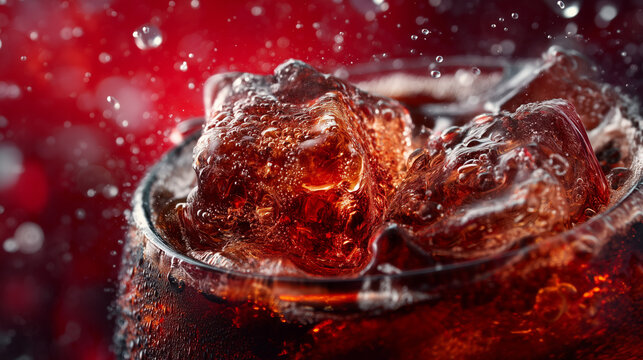 Close-up of ice cubes in a glass of cola with splashes and bubbles, against a red background.
