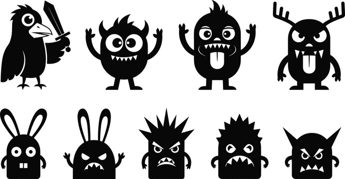 Set of cute and funny monster silhouettes and cartoon creatures isolated on white background for kids design and games