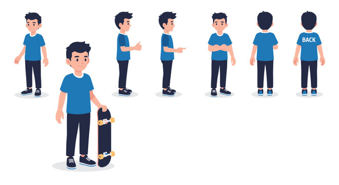 Young boy character set showing various front, side, and back poses including standing with skateboard for animation design.